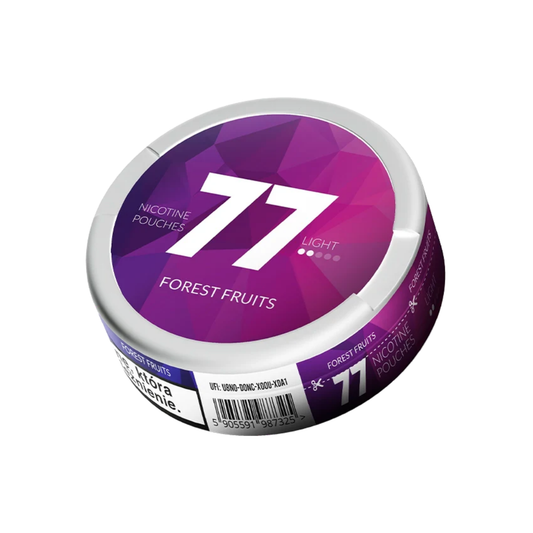 Detail close-up of the circular can featuring a geometric design in purple and white with the number 77.