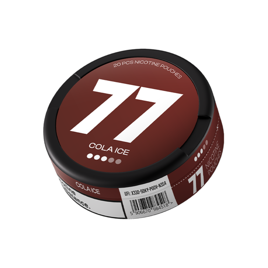 Front view of the circular cola pouch can featuring a large number 77 on a white background, with a brown and black color…