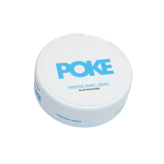 Detail close-up of the Poke Freeze Mint packaging featuring a round container with a smooth surface and label text in whit…