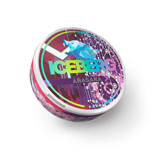 Front view of the colorful purple and blue container with graphic design and label.