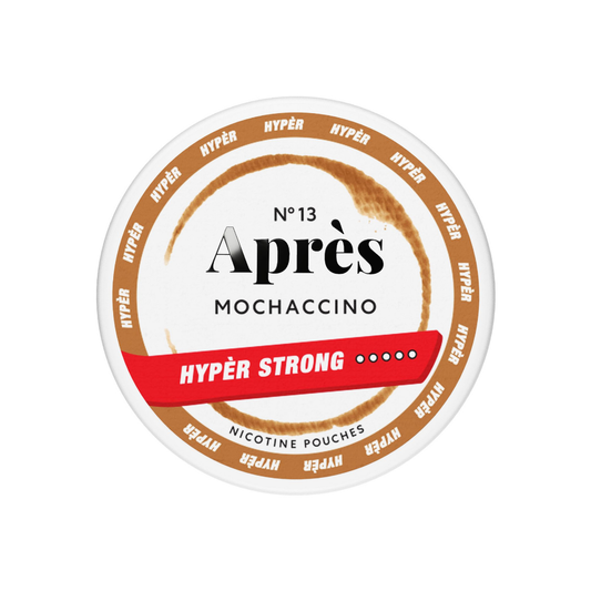 Packaging of Après No.13 Mochaccino Hyper Strong featuring a circular label in white, gold, and red colors.