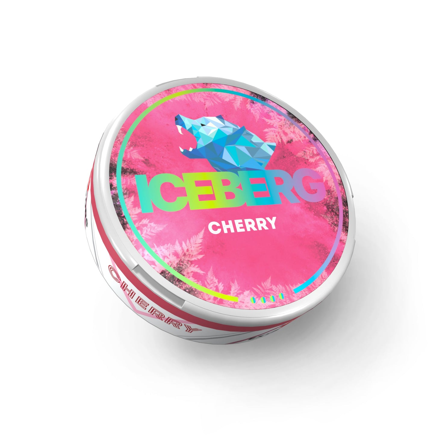 Detail close-up of the cherry flavored tin with a colorful design on a white background