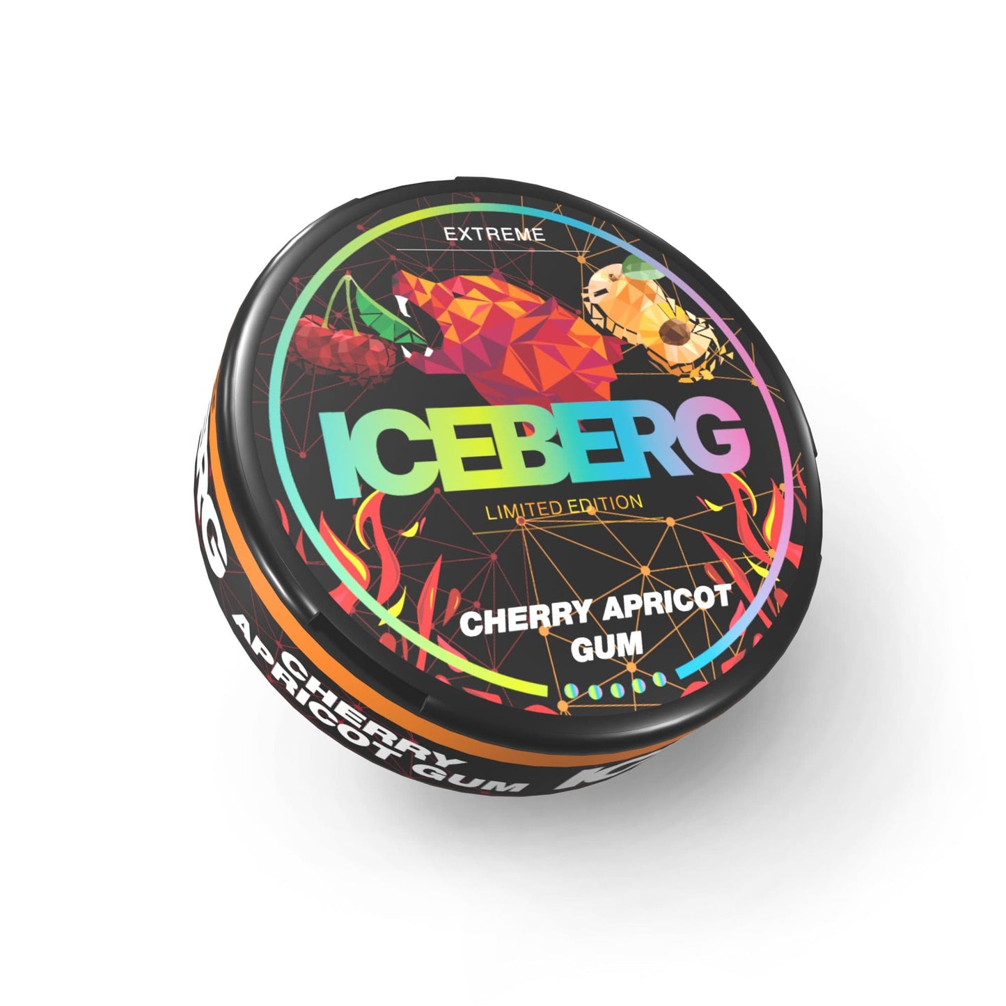 Packaging shot of Iceberg Cherry Apricot Gum tin featuring colorful fruit graphics on a white background.