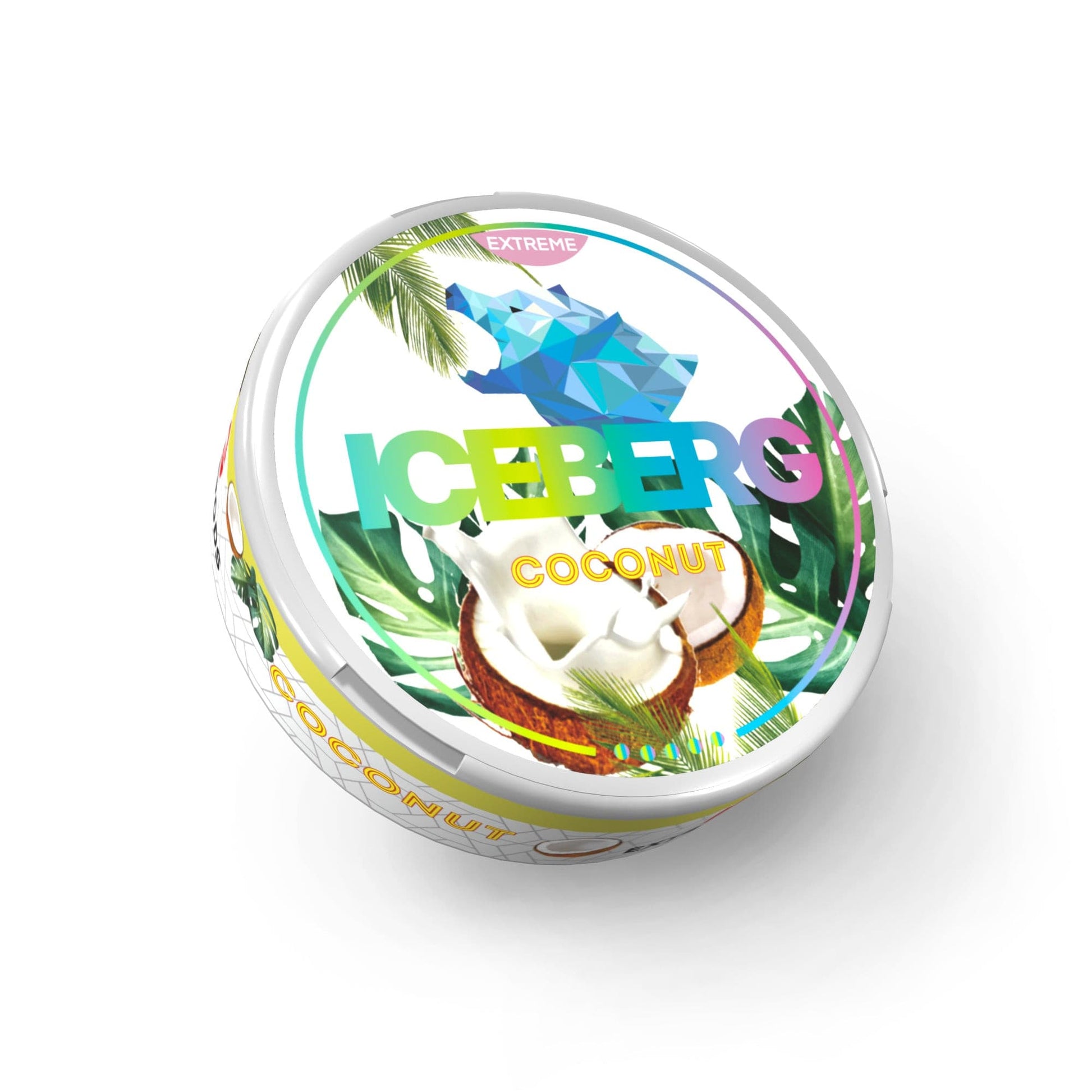 Detail close-up of a coconut-themed container with tropical design in white, green, yellow, and blue.