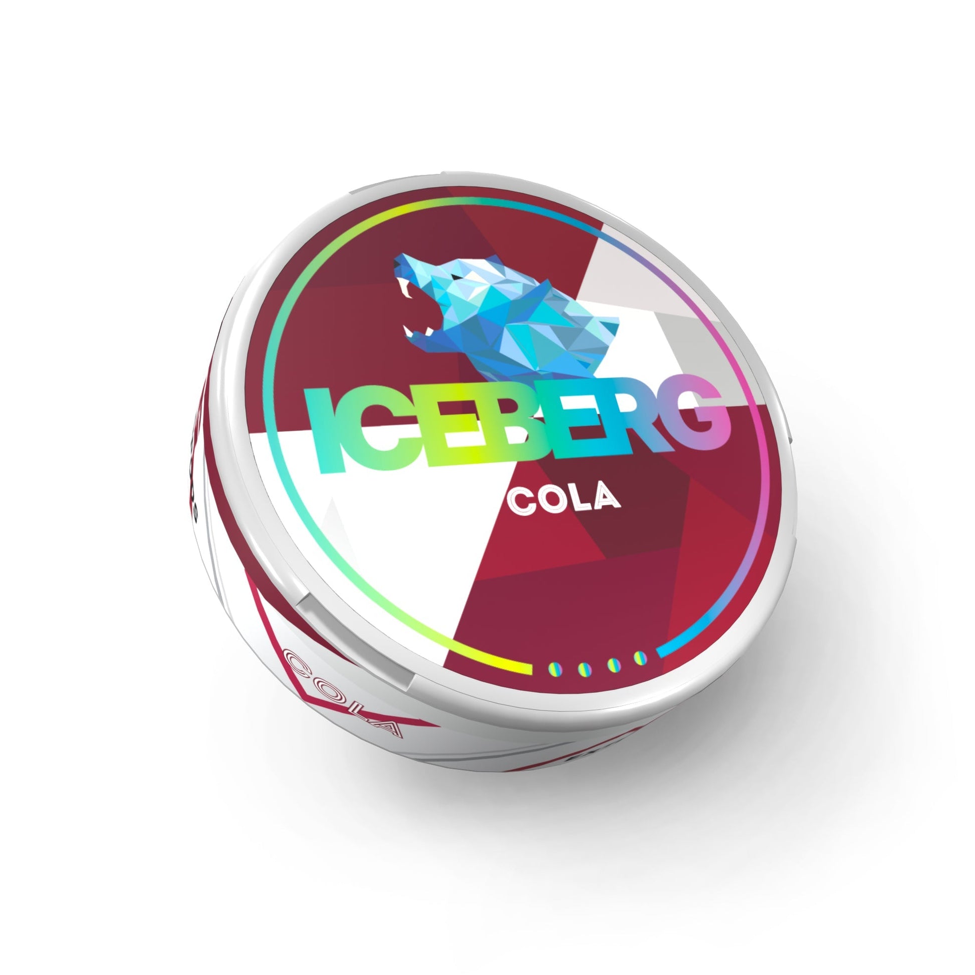 Packaging shot of Iceberg Cola in a circular tin with a colorful logo in red, blue, and white.
