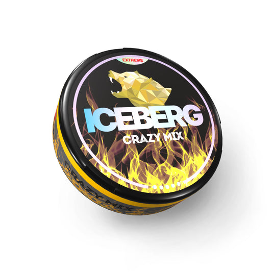 Detail close-up of the Iceberg Crazy Mix Snus black and yellow candy tin featuring a flame design.