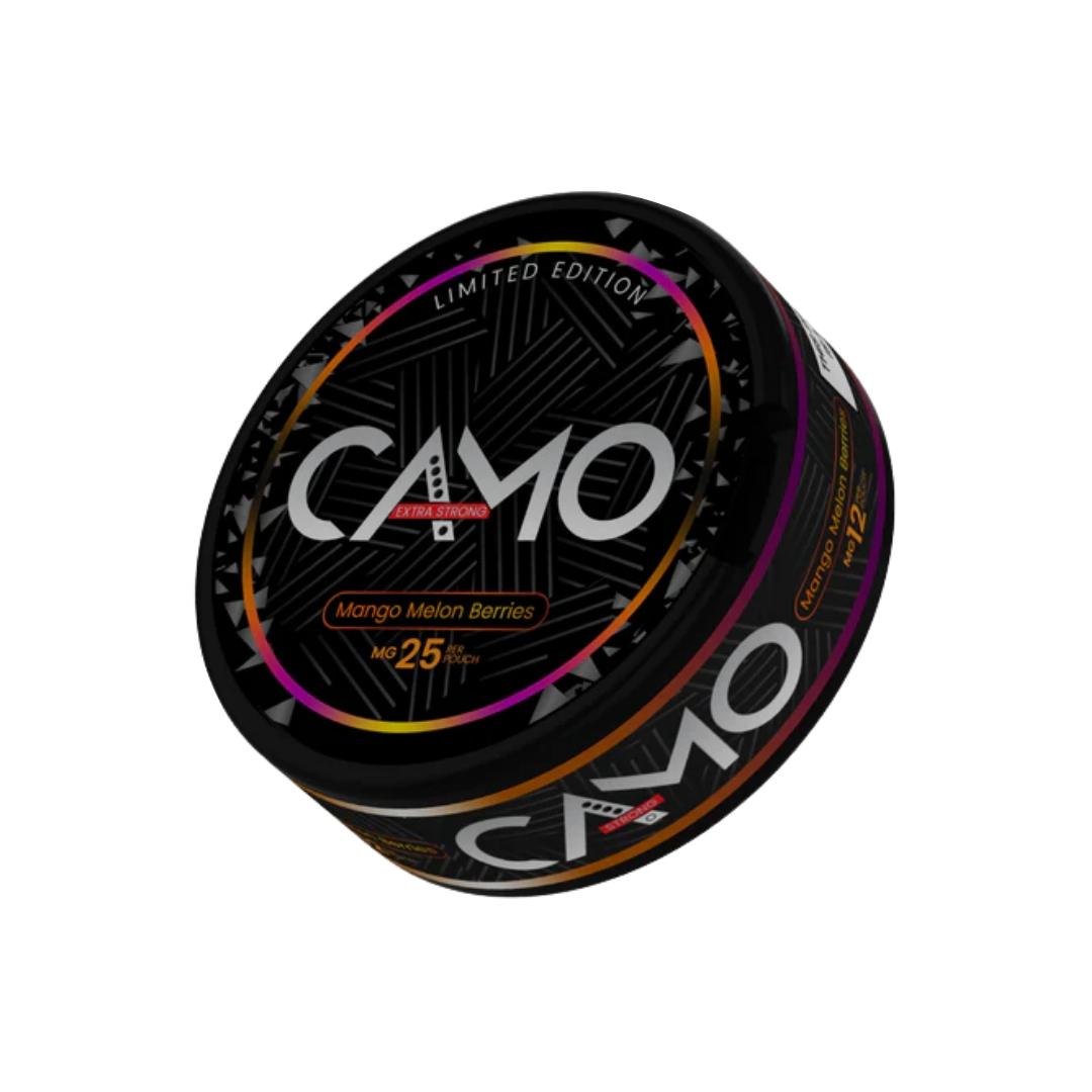Detail close-up of the colorful Camo product can featuring black, purple, and orange design.