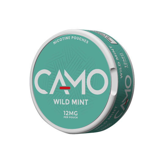 Side view of the round Camo Wild Mint can featuring a teal and white label with mint flavor.