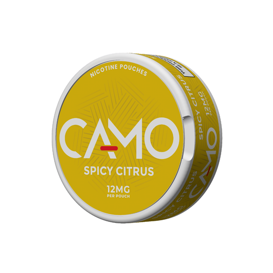Front view of a yellow Camo nicotine pouch can featuring a spicy citrus flavor label.