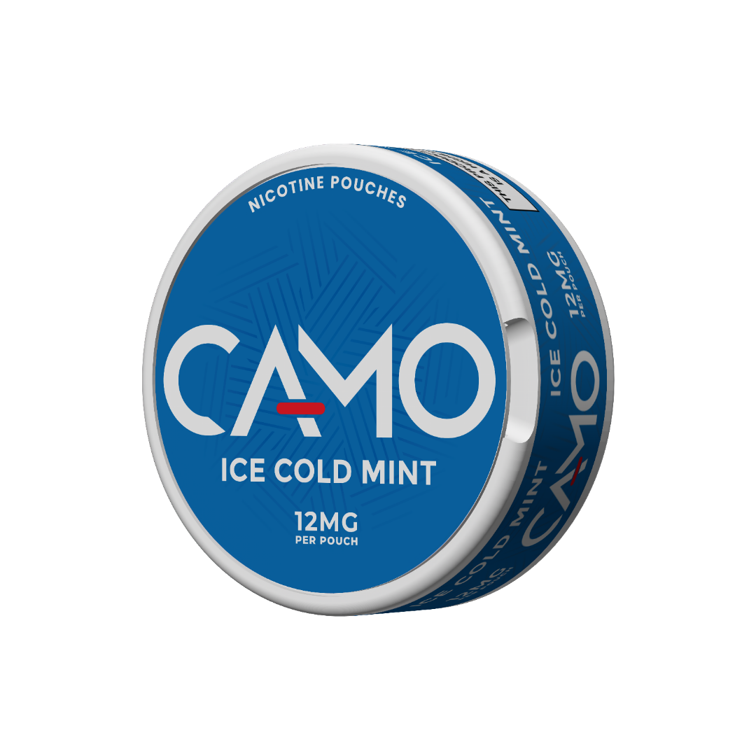 Front view of a round blue and white Camo mint can with a screw top and label design