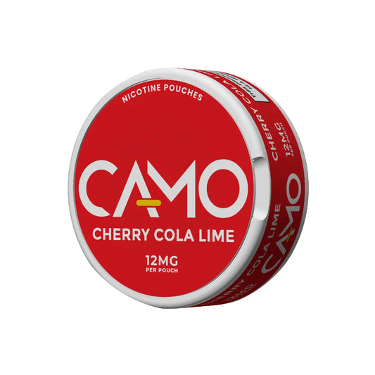 Detail close-up of Camo cherry cola lime pouch in a round tin featuring a red and white label design.