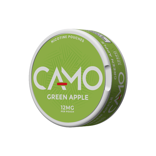 Detail close-up of the Camo Green Apple can showing round shape, label text, and flavor indication on a white background.