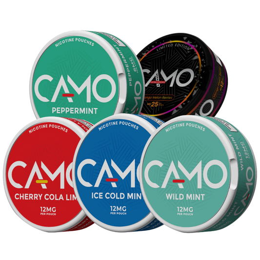 Front view of various flavored snus cans in green, red, and blue, showcasing the Camo Mixpack on a white background
