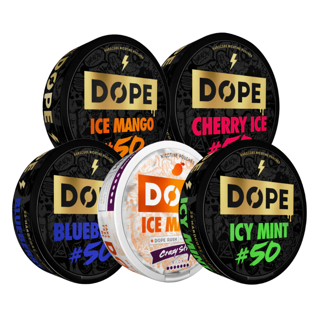 Packaging shot of the Dope Mixpack showcasing flavored snus cans in black, purple, white, and orange.