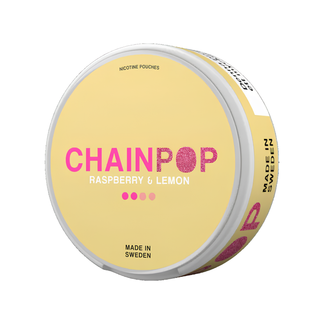 Packaging of Chainpop Raspberry Lemon featuring a round container with a vibrant yellow and pink label design.