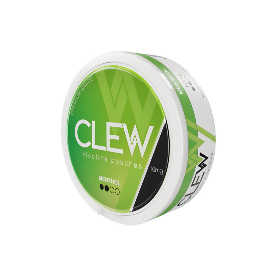 Packaging view of the Clew Menthol container in green and white, featuring a round shape and screw top.