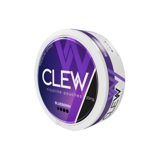 Packaging of Clew Blueberry 20mg featuring a round container with a purple and white label design.
