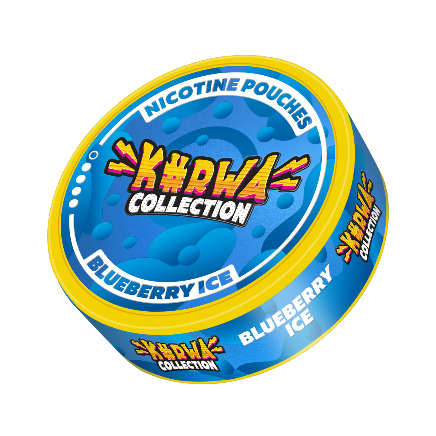 Front view of the round snus can featuring blue and yellow graphic design with flavor label.