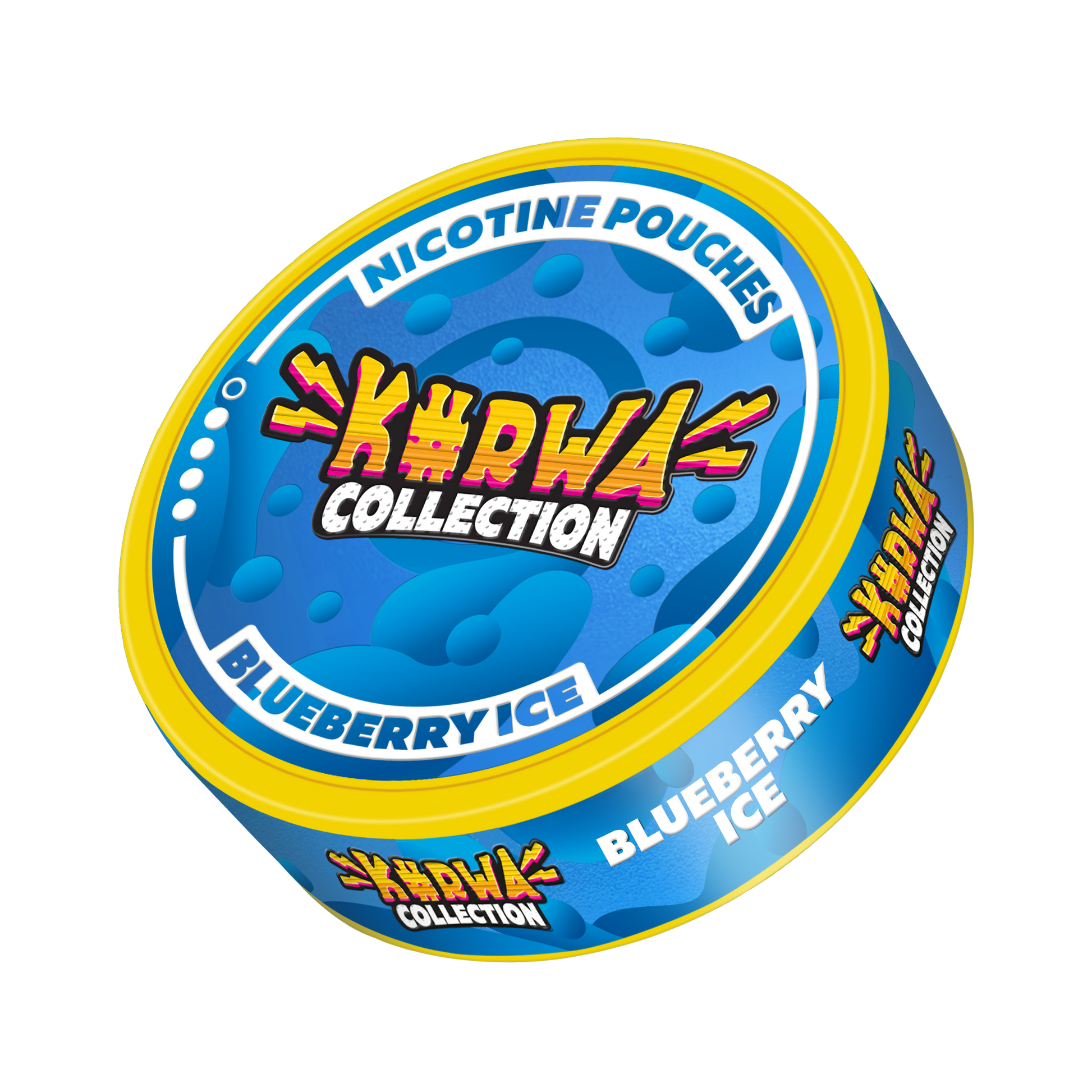 Front view of the round snus can featuring blue and yellow graphic design with flavor label.