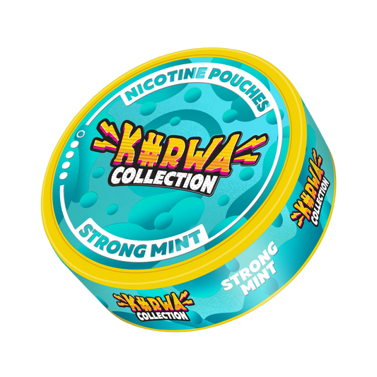 Front view of a round snus can in blue, yellow, and white with a colorful design on a transparent background