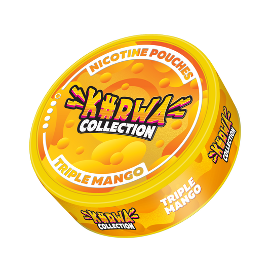 Front view of the circular Kurwa Triple Mango snus can featuring vibrant yellow and orange graphic design.