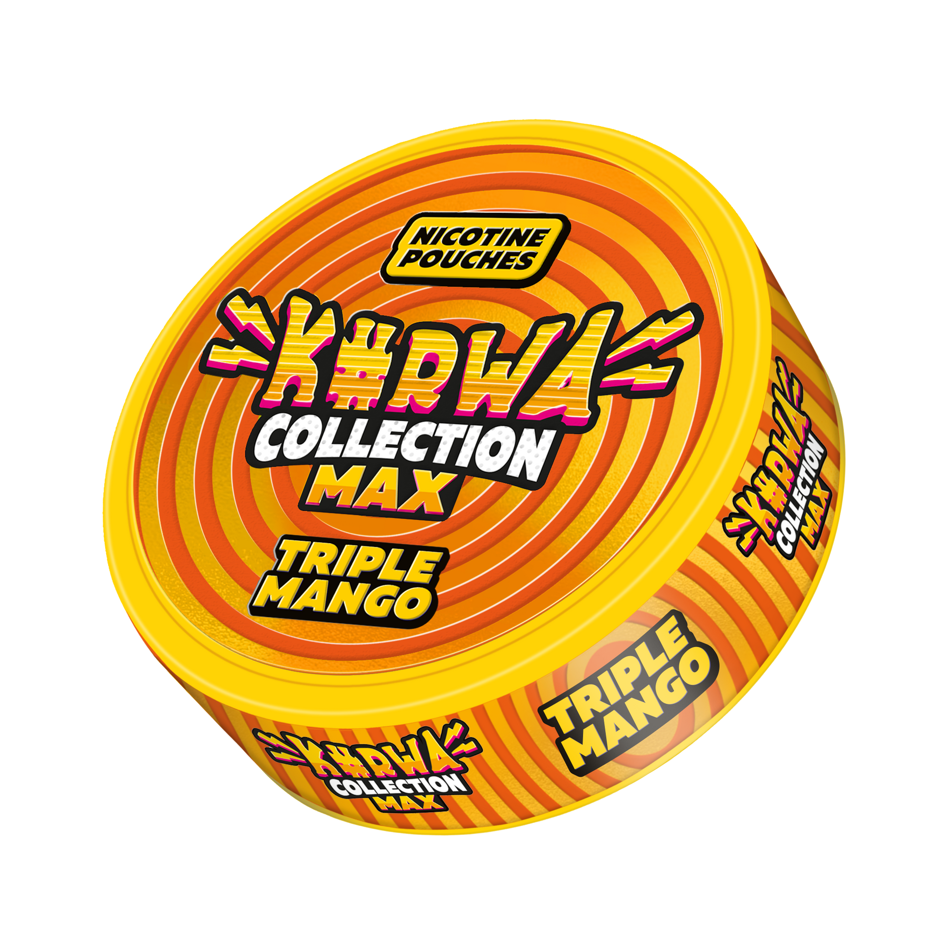 Detail close-up of the Kurwa Max Triple Mango snus can featuring bold yellow and orange tropical flavor graphics.