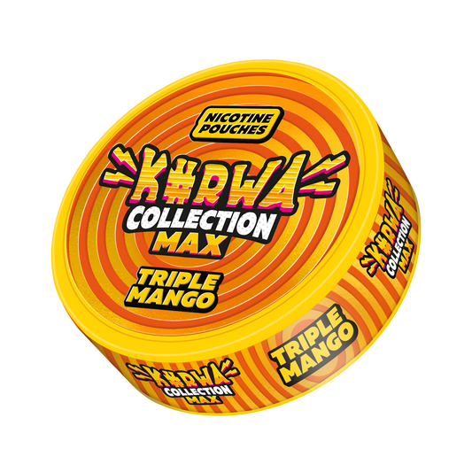 Detail close-up of the Kurwa Max Triple Mango snus can featuring bold yellow and orange tropical flavor graphics.