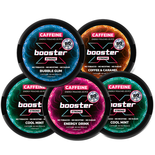 Packaging shot of the X-Booster Mixpack featuring five colorful containers in black, pink, blue, and orange.