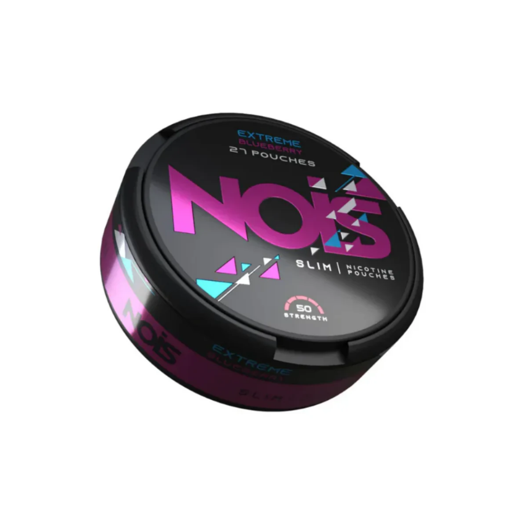 Detail close-up of Nois Extreme Blueberry packaging showcasing colorful design on a transparent background.