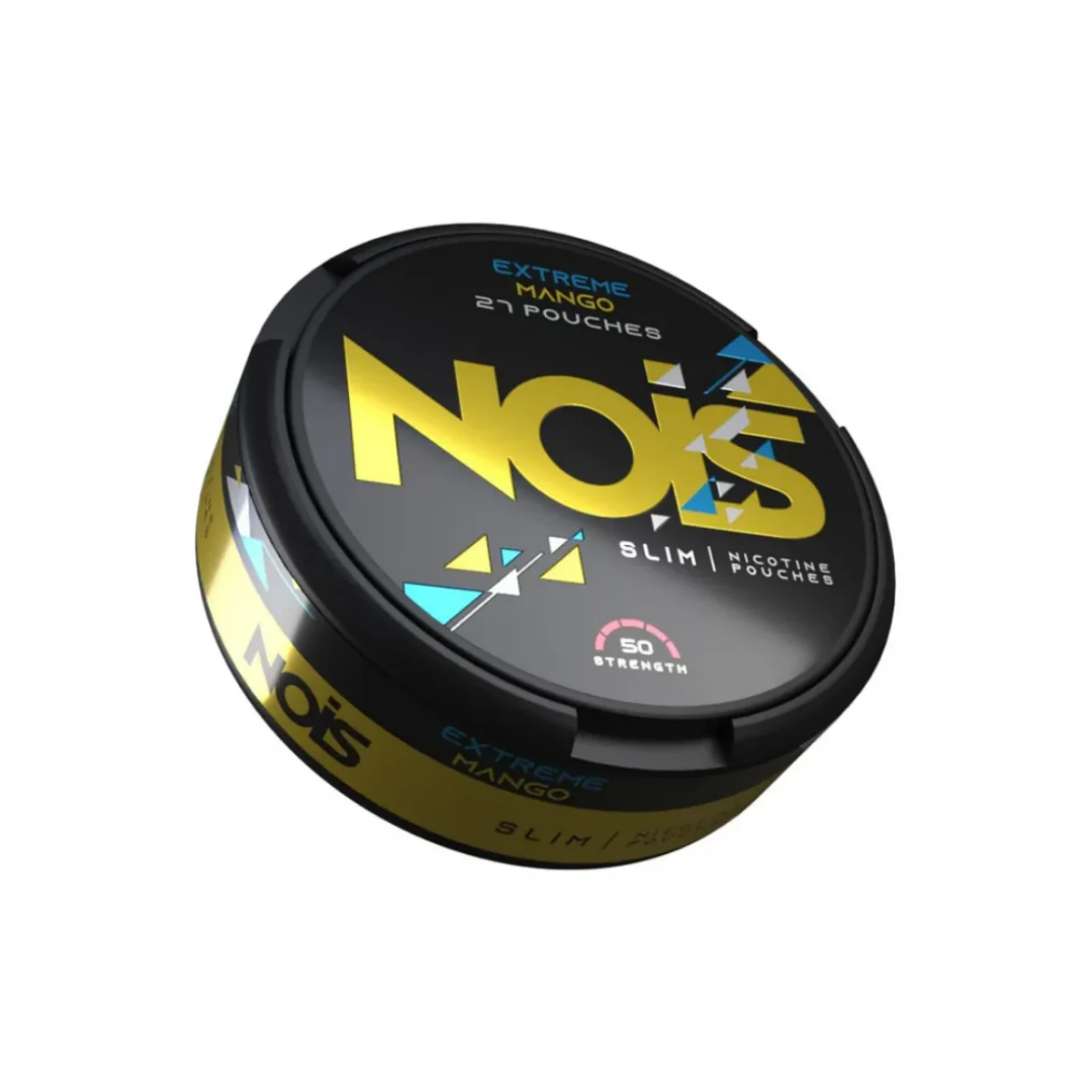 Front view of the black container showcasing strong nicotine pouches with bold text.