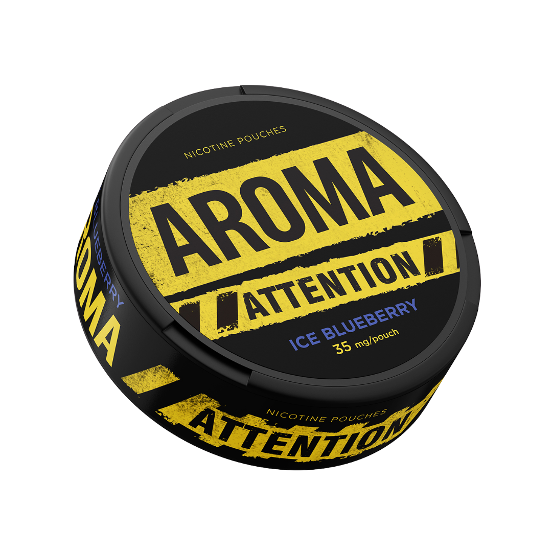 Front view of the Aroma Attention Ice Blueberry can featuring a circular design with bold text on a transparent background.