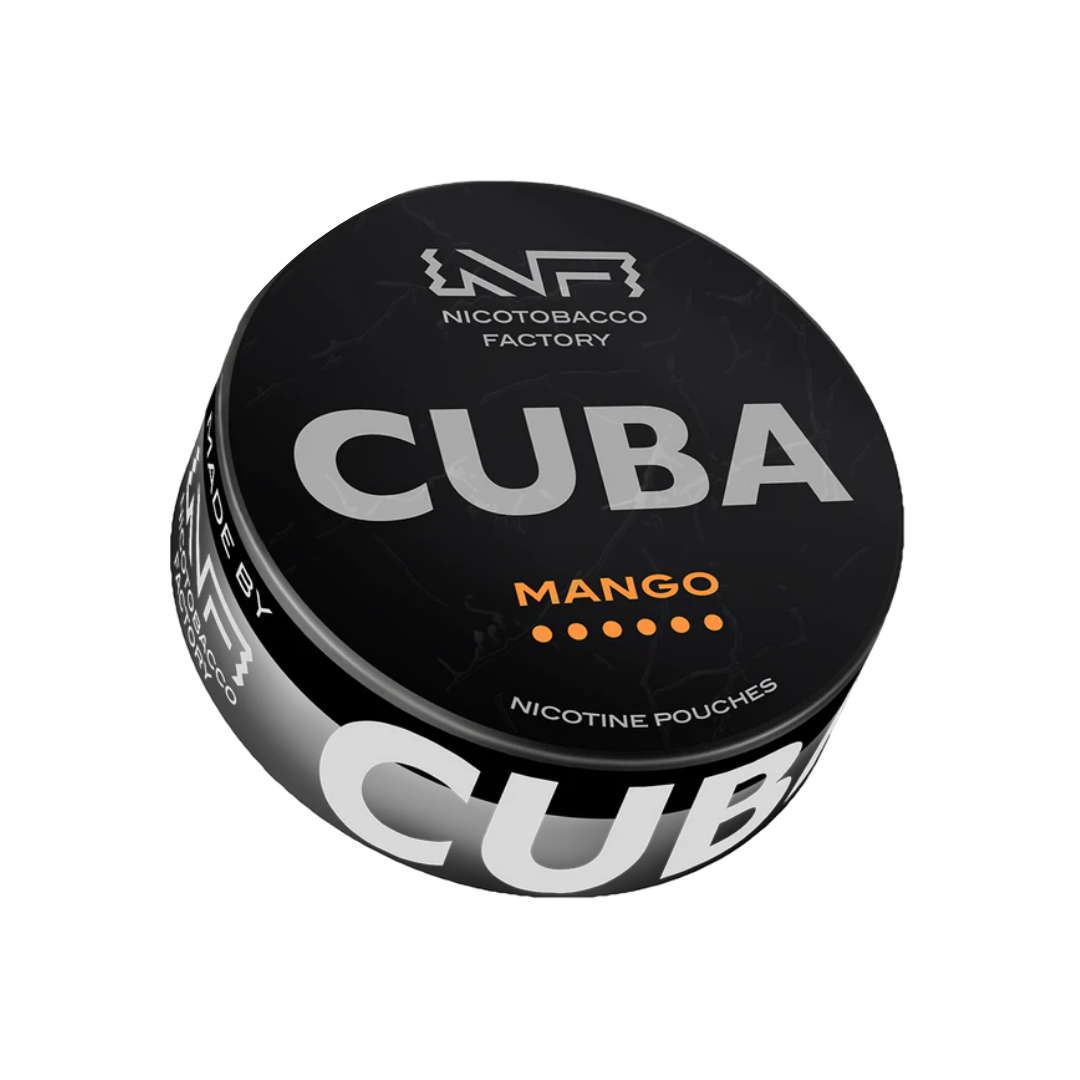 Detail close-up of the Cuba mango can in black and gold, showcasing its round tin and mango scent.