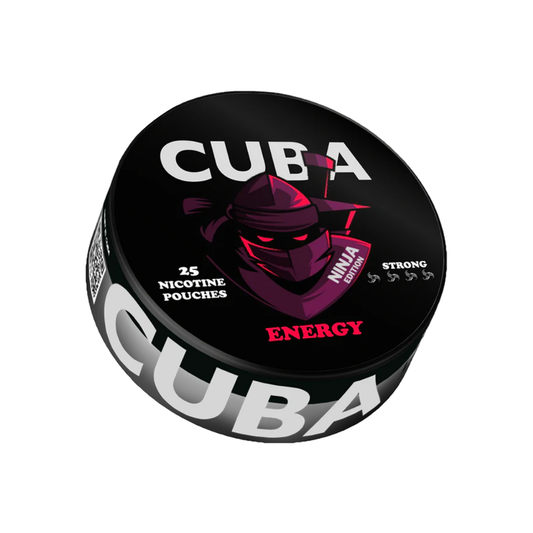 Front view of the Cuba Ninja Energy Slim nicotine pouch can, featuring a round design in black, purple, and white with gra…