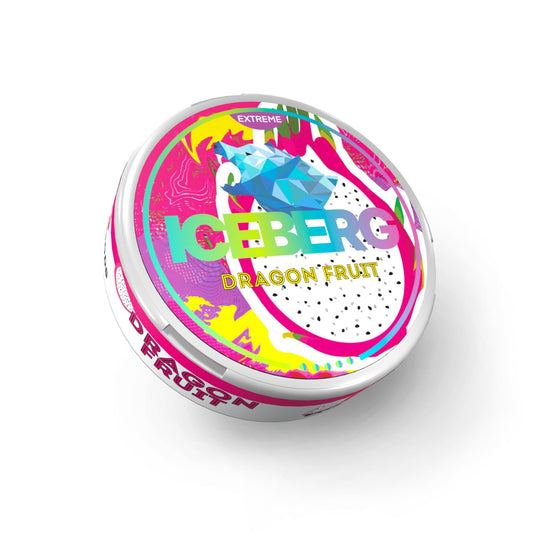 Detail close-up of Iceberg Dragon Fruit nicotine pouches in a colorful circular container with pink, white, and blue color…