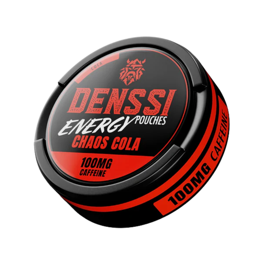 Detail close-up of Denssi energy can showcasing bold black and red logo on a transparent background