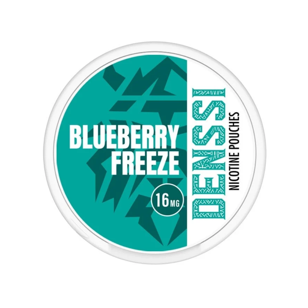 Detail close-up of the Densii product label featuring Blueberry Freeze with blue and white colors on a transparent background