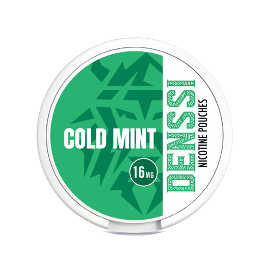 Detail close-up of Denssi Cold Mint in a circular container featuring green and white graphic design.
