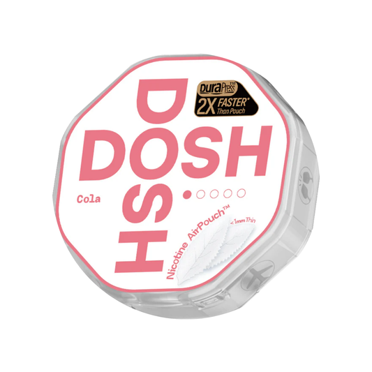 Detail close-up of the octagonal Dosh Cola 3mg container in pink and white with label text.