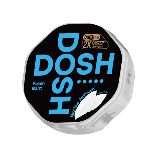 Detail close-up of Dosh container showing octagonal shape, transparent lid, and black and blue label on a white background.