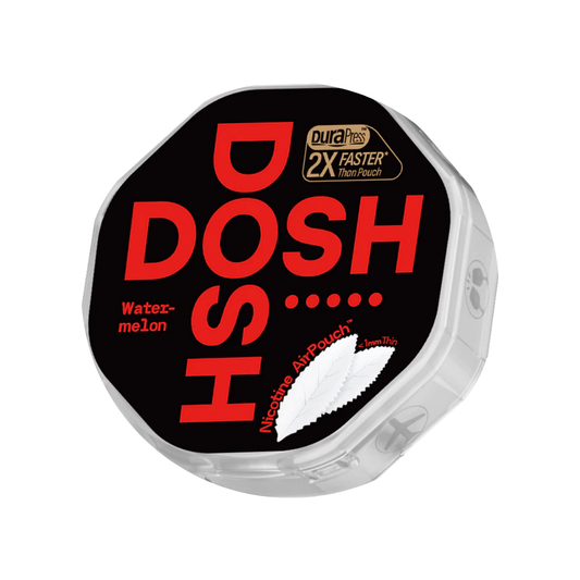 Detail close-up of the Dosh watermelon nicotine pouch container, showcasing bold text and a transparent lid.