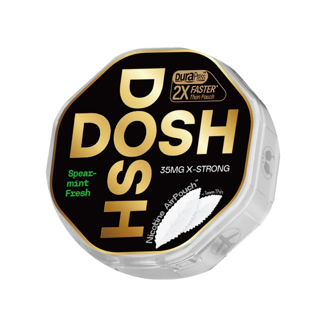 Detail close-up of Dosh container showcasing round shape, black, gold, and white colors with a transparent lid