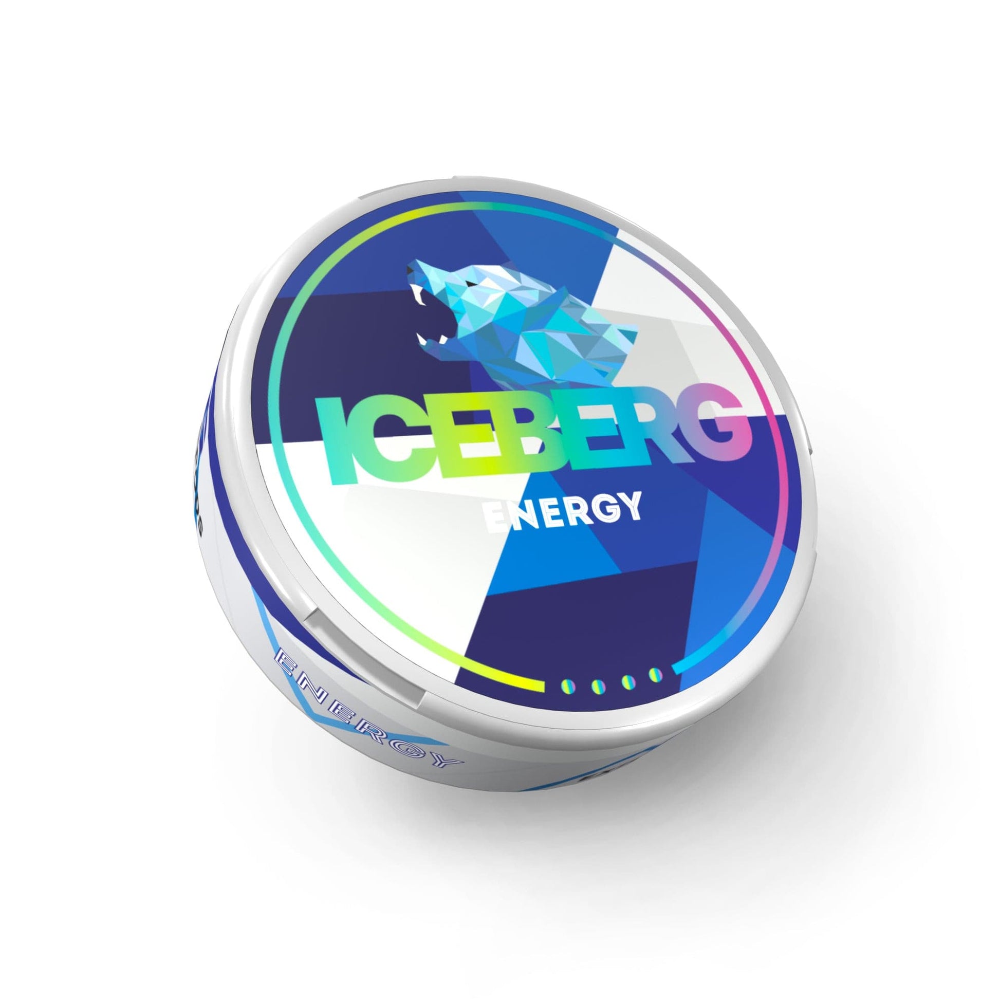 Detail close-up of a colorful circular can of Iceberg Energy snus featuring blue, white, green, and purple colors with log…