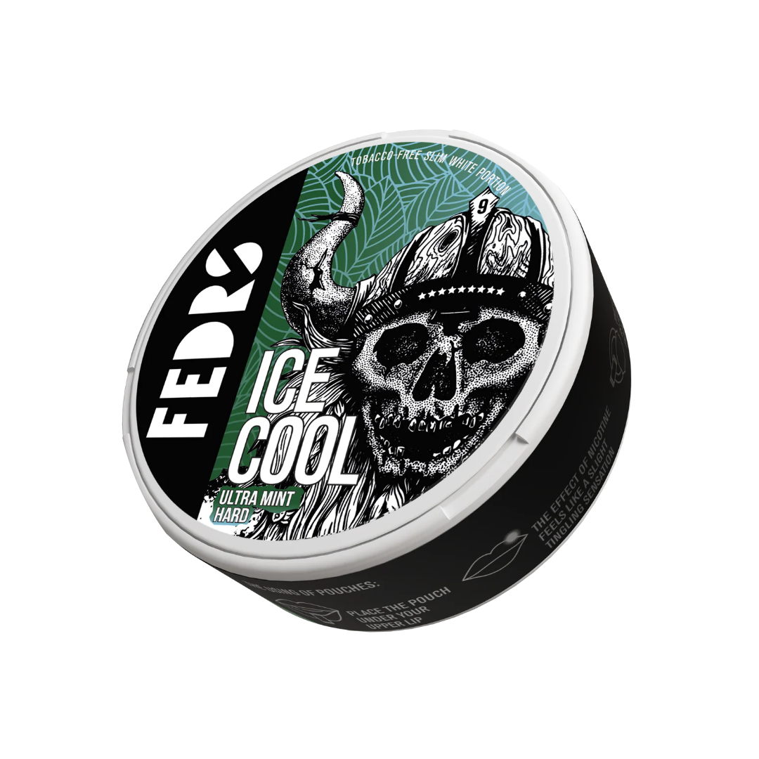 Detail close-up of the Fedrs Ice Cool Ultra Mint Hard in a matte round container with a skull design, colors black and green.