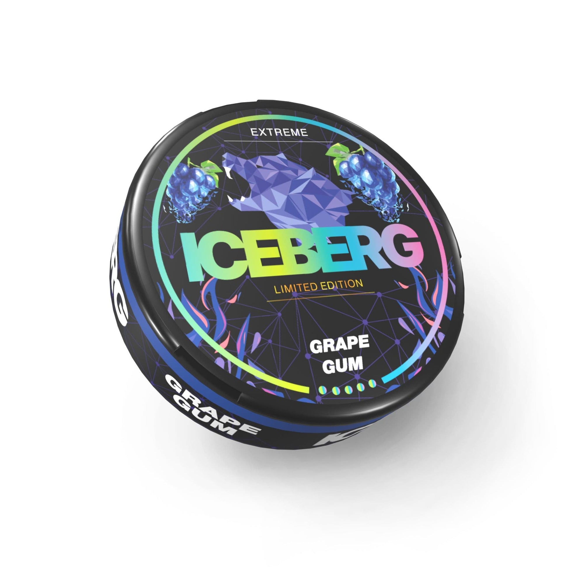 Detail close-up of the colorful label on a black and blue container of Iceberg Grape Gum Snus, showcasing branding text.