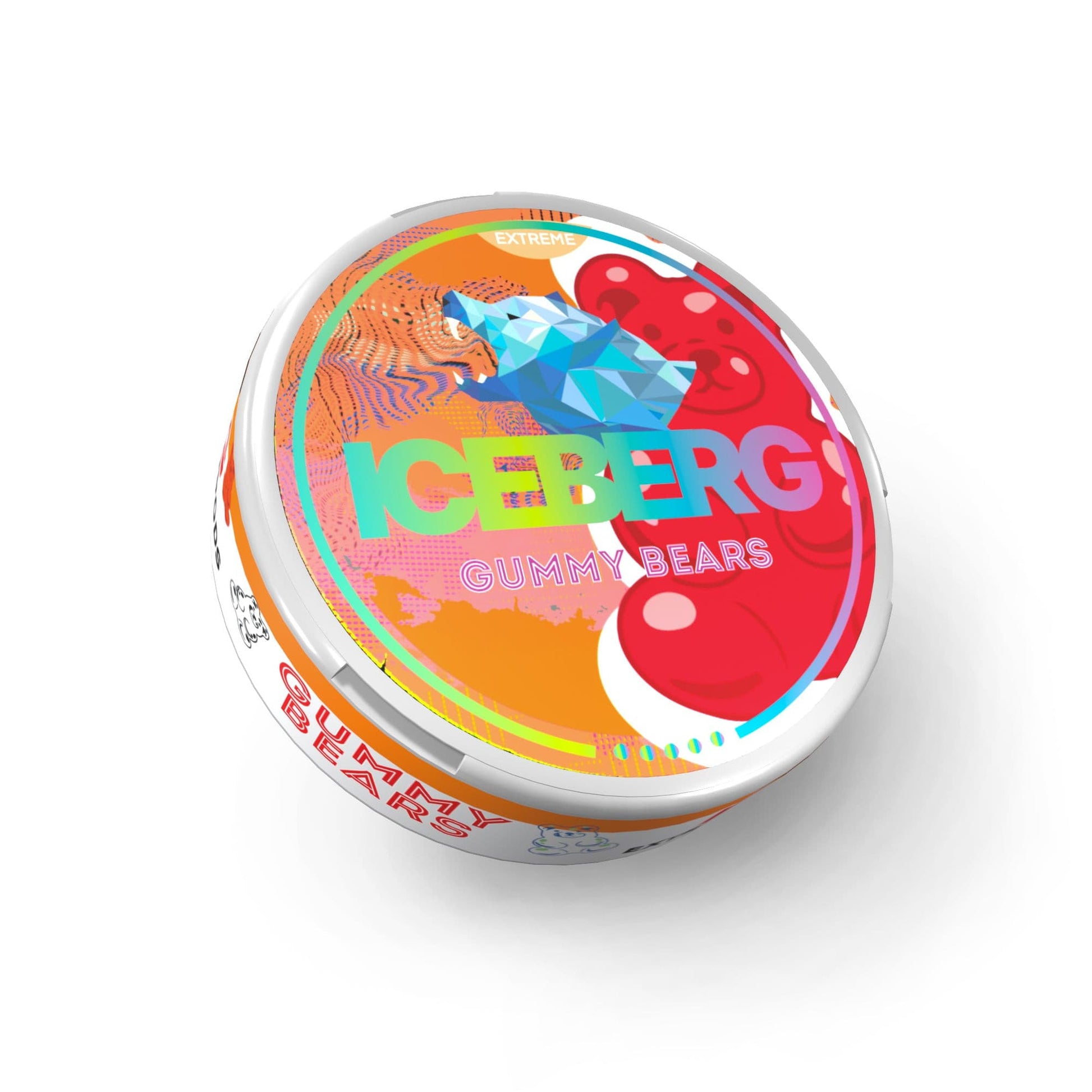 Front view of a colorful circular candy tin featuring Iceberg Gummy Bears design in orange, red, blue, and green.