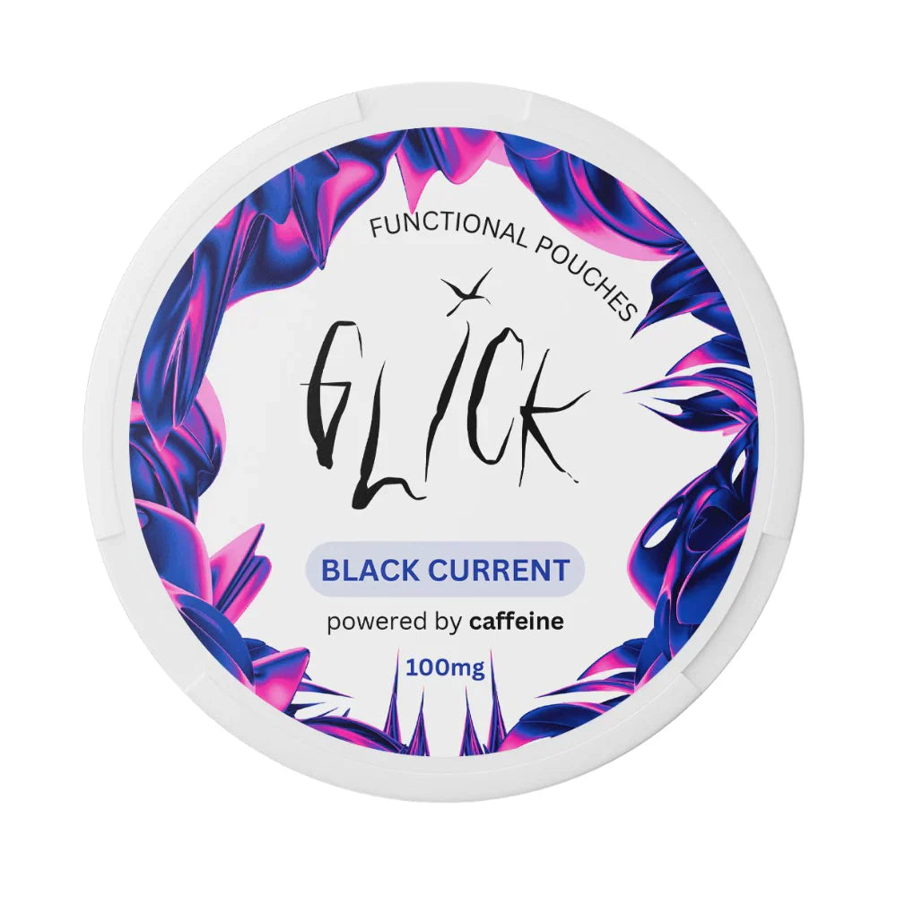 Detail close-up of Glick Black Current pouch featuring a colorful design with a circular label on a white background