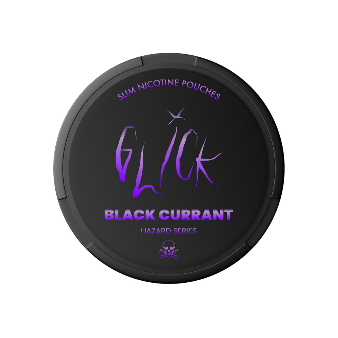 Detail close-up of Glick Black Currant pouch in a round container with a black and purple label.