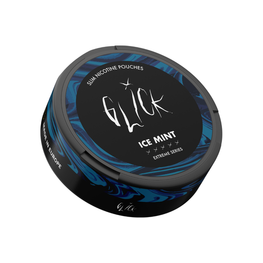 Detail close-up of Glick Ice Mint pouch in a round black and blue container with graphic design.