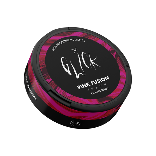 Detail close-up of the Glick Pink Fusion Extreme Series pouch, showcasing a round black and pink container with a label de…