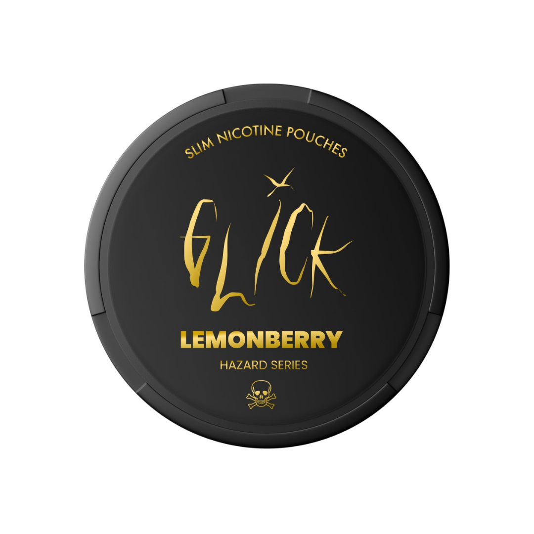 Detail close-up of Glick Lemonberry pouch packaging featuring a round container with gold text on a transparent background.
